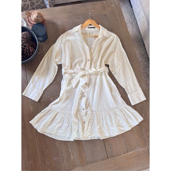 Zara Dresses & Skirts - Zara Linen Blend Belted Shirt Dress in Ecru Size Medium